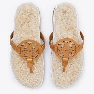 Tory Burch Miller Cloud Shearling Caramel Corn Leather Sandals Size 9